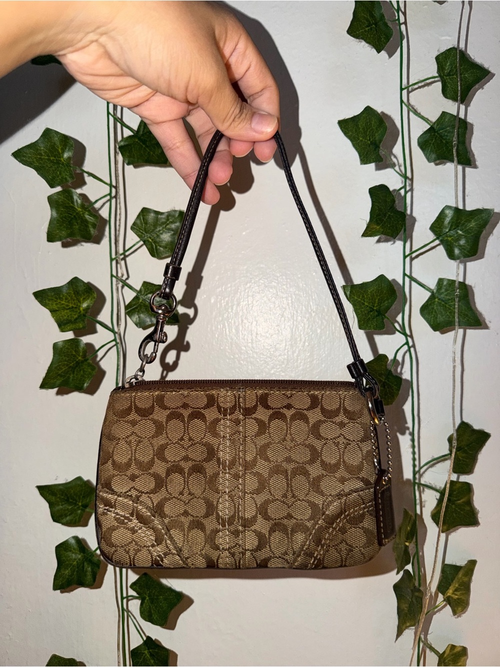 Coach Brown Signature Mini Wristlet with Dark Brown Strap